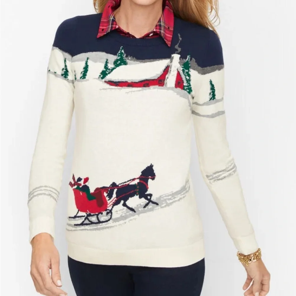 Talbots CREWNECK SWEATER - SLEIGH SCENE size small